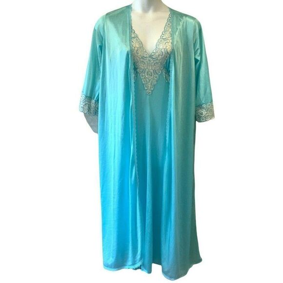 Jill Andrea of New York Nightgown & Peignor Set Large Turquoise Blue Satin Lace - Picture 1 of 7